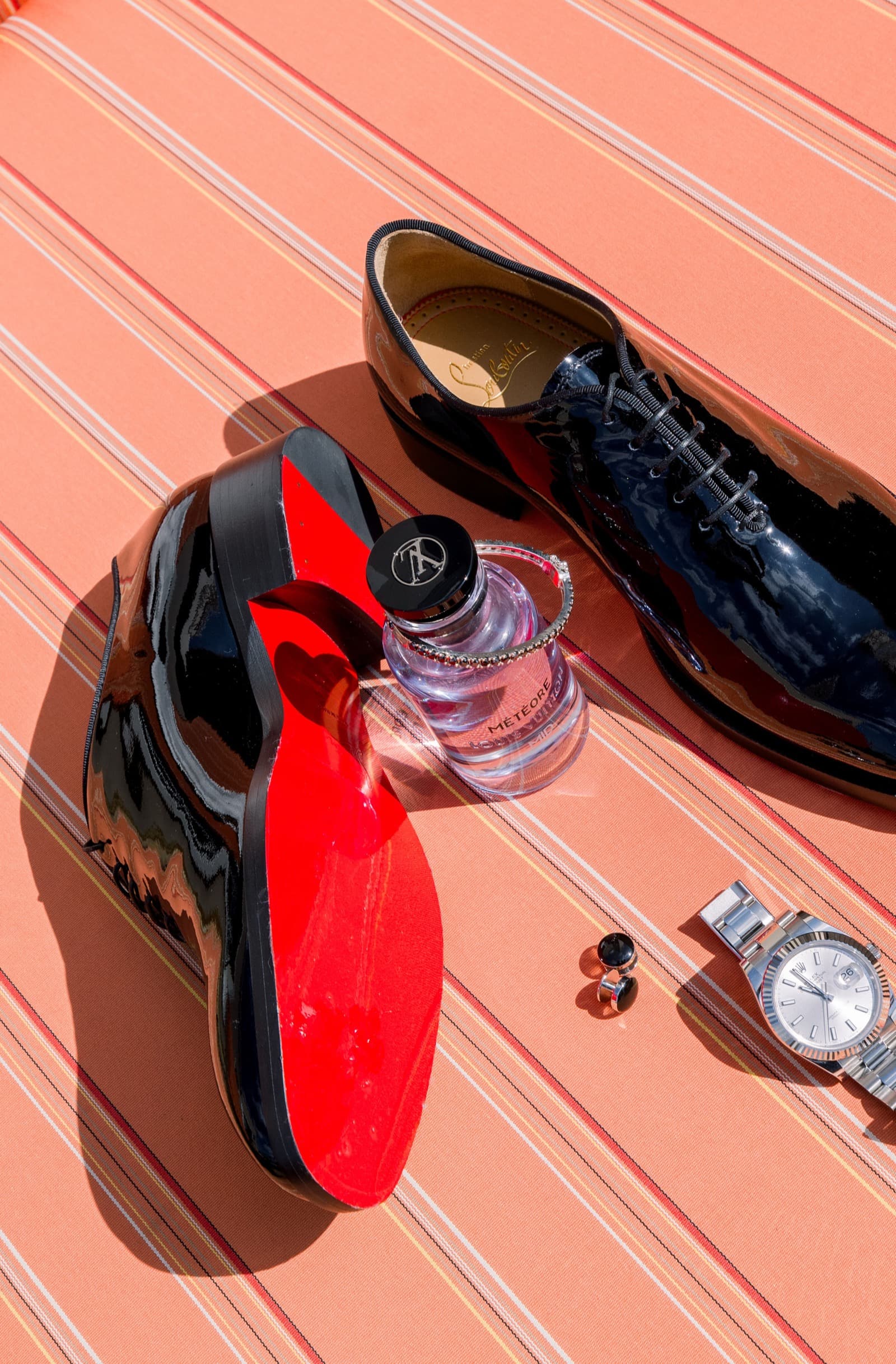 Designer bridal shoes flat lay, luxury wedding details